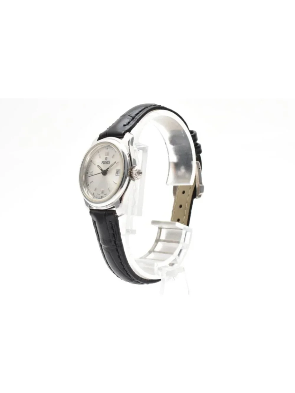 Fendi Quartz Watch Gray Dial Roman Numeral Date Stainless Steel Black Leather